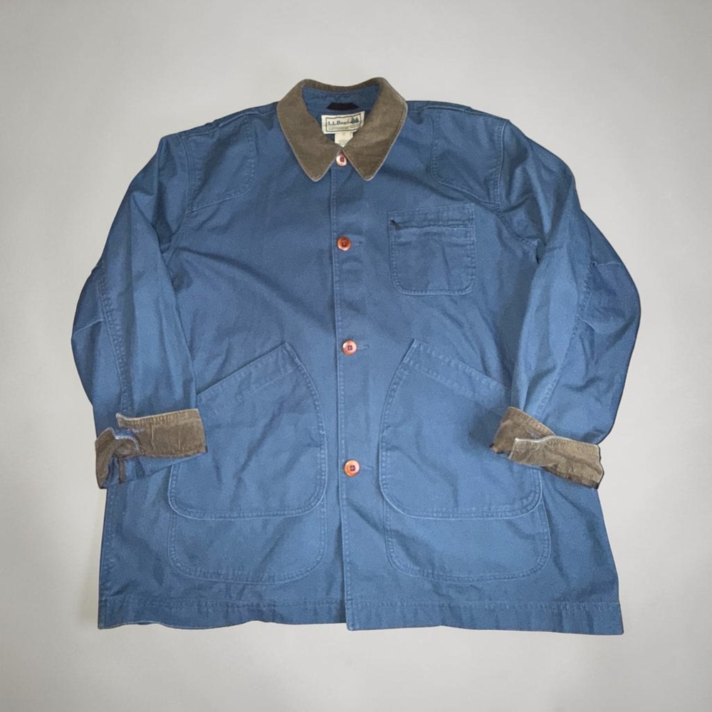 LL Bean Mens XL Blue Cotton Canvas Original Field Chore Jacket Corduroy Trim